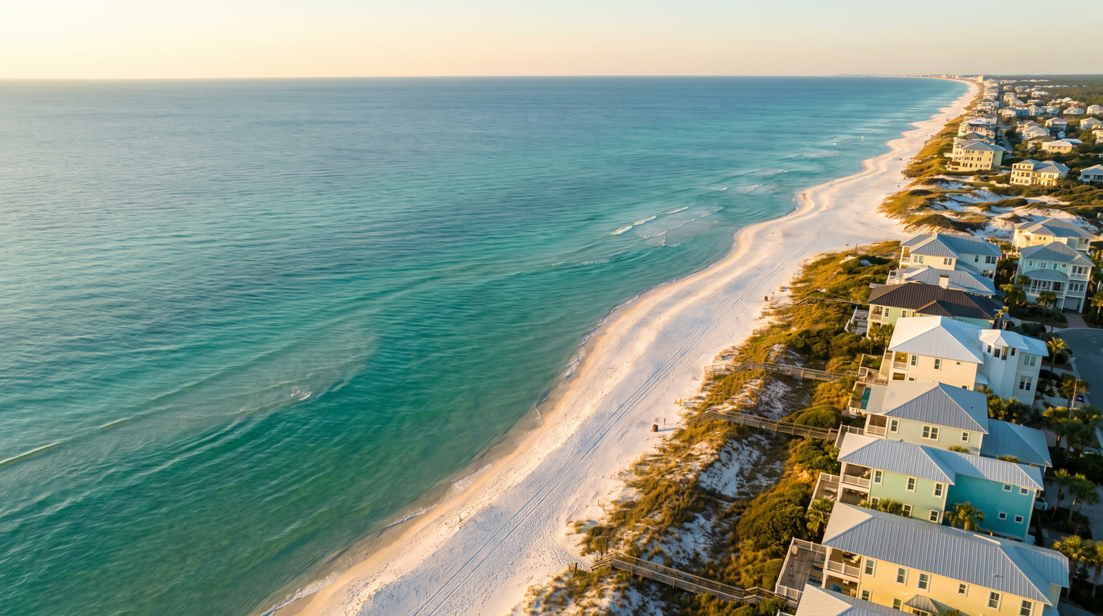 Aerial view of a white-sand beach and turquoise Gulf waters along Florida's 30A, lined with upscale coastal homes